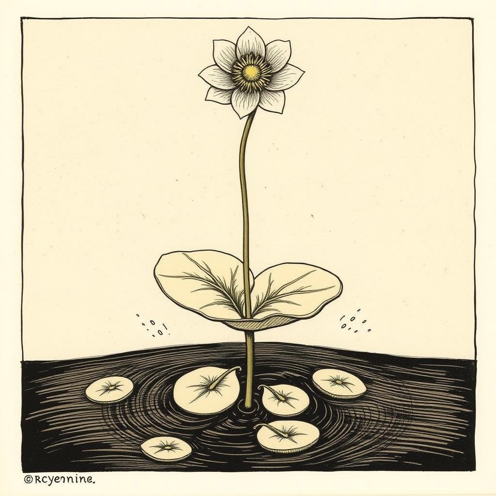 A long-stemmed bloom floating above wide round leaves, anchored in unseen mud. Its face reflects light, but it drinks from shadow.
