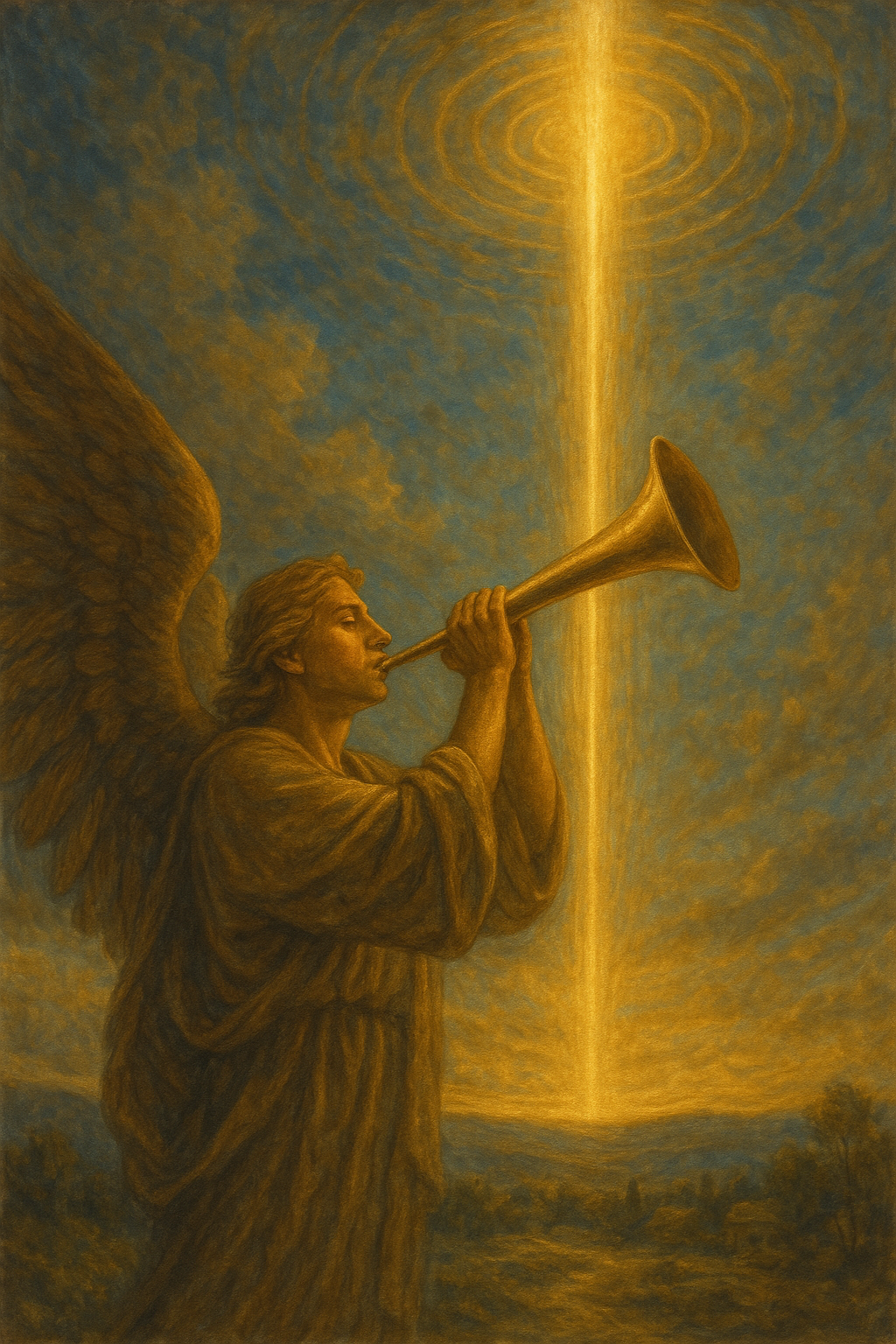 Angel playing trumpet under radiant light