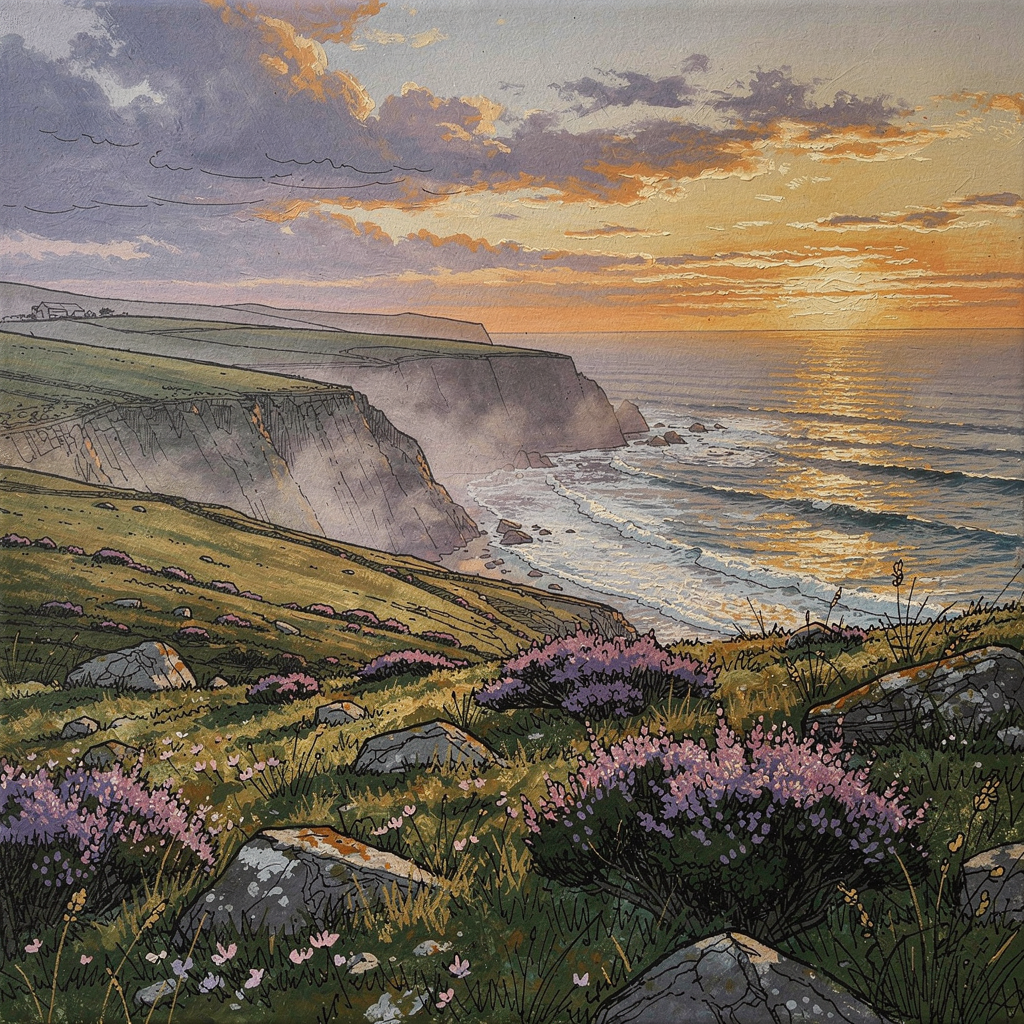Heather, hills and ocean